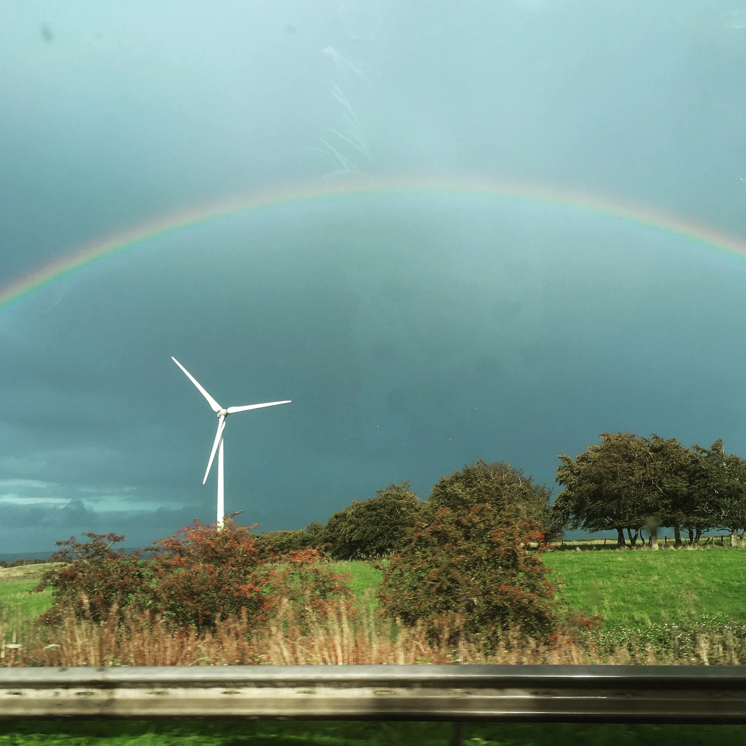 A wind turbine stands in a green field under a cloudy sky with a visible rainbow arching above it. Trees and bushes surround the area, and a road is visible in the foreground.
