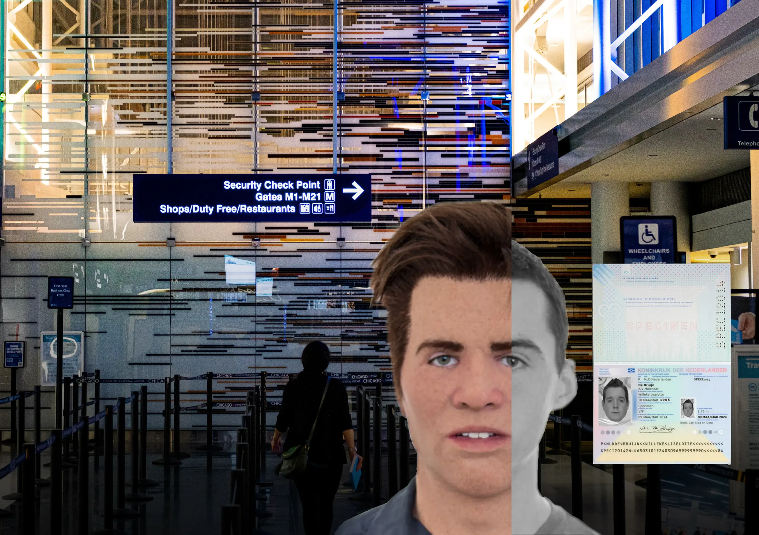 An airport security checkpoint, with a sign overhead for security check point and gates. A split-screen image shows a person on the left and a portion of their ID document on the right.