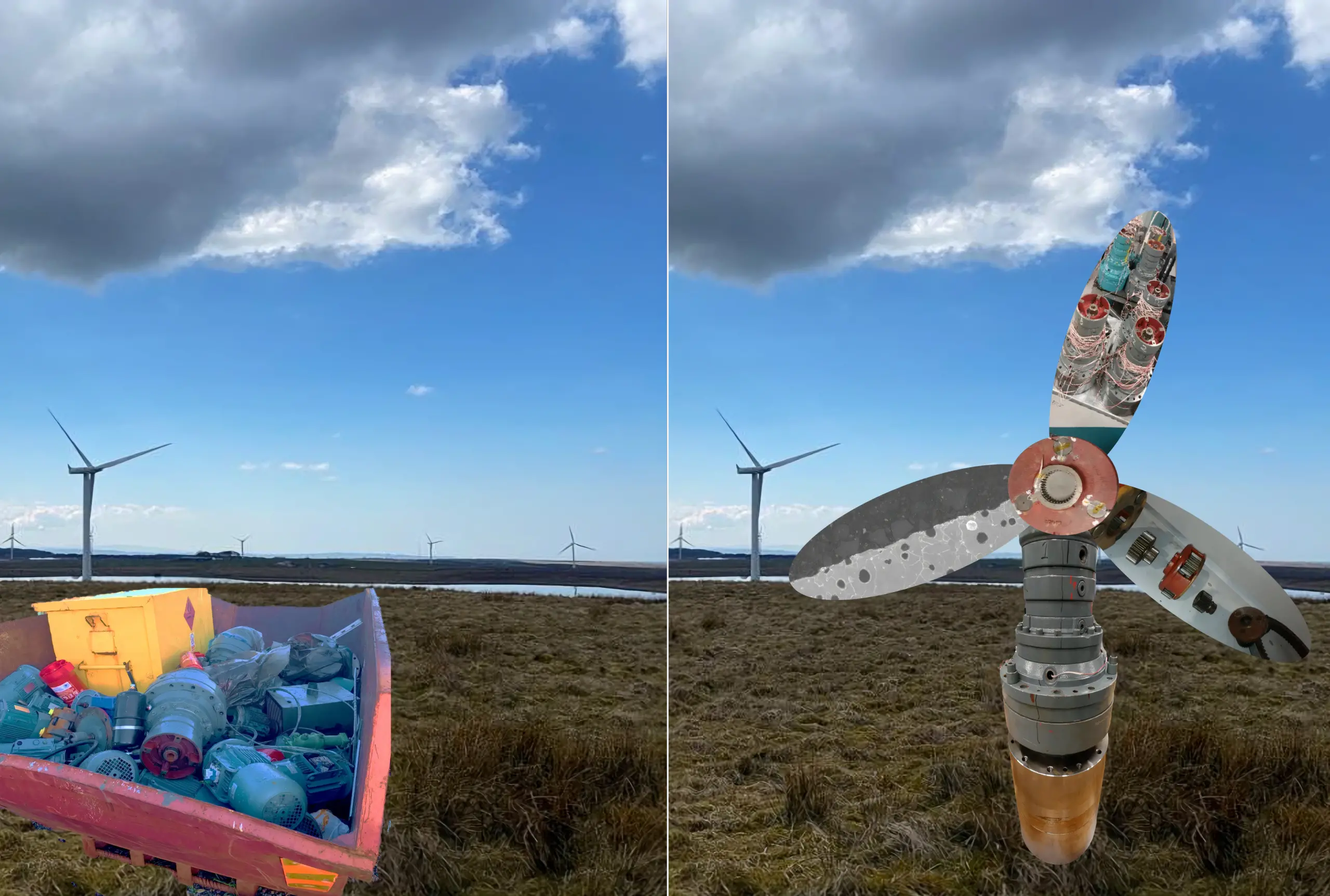 A split image shows a wind farm with turbines in the background. The left side has a pink container full of plastic waste, while the right side shows a turbine blade constructed from assorted waste materials.