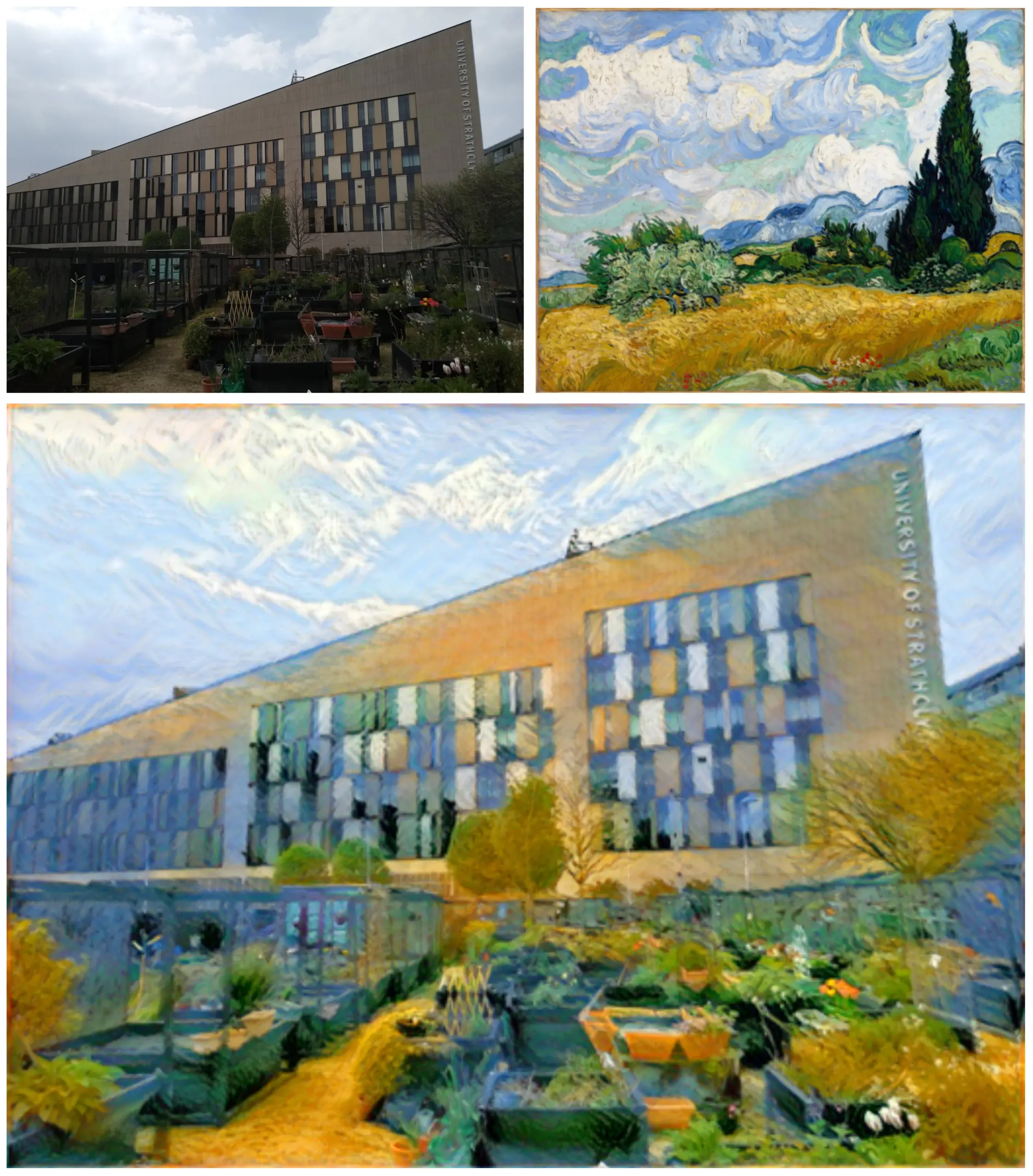 A modern building with rectangular windows, a Van Gogh painting of a wheat field with cypresses and swirling sky, and a digital artwork of the same building with a similar Van Gogh-inspired style.